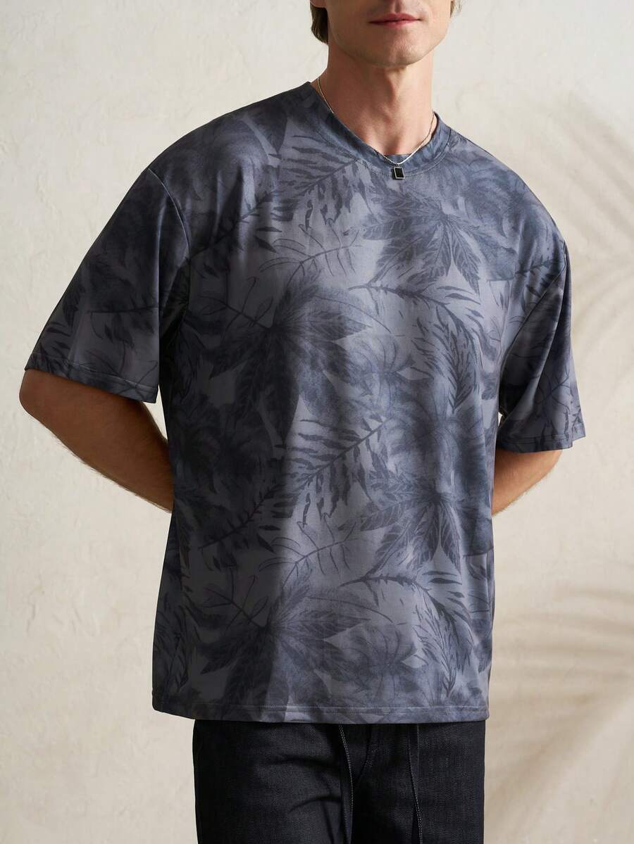 Manfinity Dauomo Men's Round Neck Plant Print Casual Versatile Commuting Short Sleeve T-Shirt - Grey - View 1