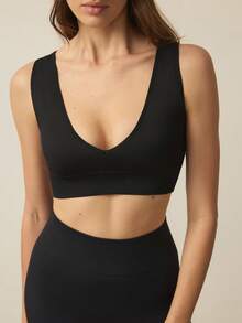 SHEIN With My Calm Women's Seamless Comfortable Sports Bra, Solid Color - Black - View 4