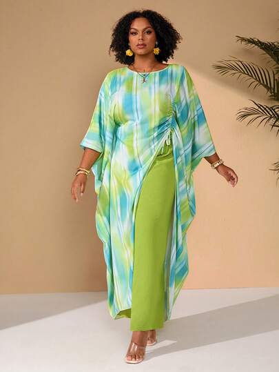 EMERY ROSE Set da due pezzi con accappatoio e pantaloni in stampa Tintura a nodi, taglia comoda, adatto per vacanze e tempo libero