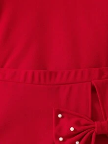 少女优雅通勤珍珠蝴蝶结泡泡袖修身上衣+二合一半裙短裤针织T恤套装 - 酒紅色 - 查看 3