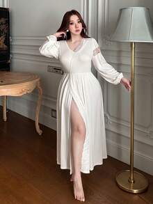 Dazy Plus V-Neck Contrast Lace Elegant Lantern Sleeve Side Slit Long White Nightgown - White - View 8