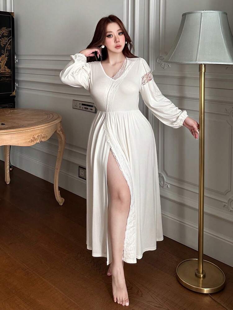 Dazy Plus V-Neck Contrast Lace Elegant Lantern Sleeve Side Slit Long White Nightgown