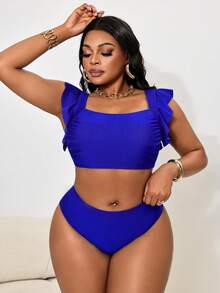 Slaydiva Plus Size Solid Color Swimsuit Set - Royal Blue - View 3