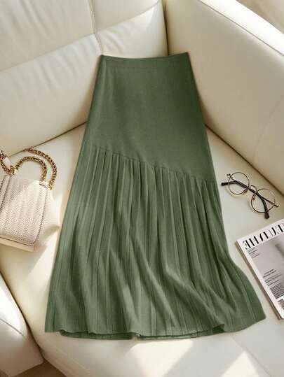 Franclia New Pleated Patchwork Knitted High Waist Slimming Skirt, Casual A-Line Sweater Skirt For Women