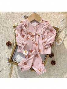 Loomiva Newborn Baby Boy/Girl Cartoon Bear Pattern Knit Soft Round Neck Ruffle Trim Long Sleeve Cardigan And Elastic Waist Pants 2-Piece Set Wildflower Baby Clothes Pajama Baby Set Baby Silk Pajamas Baby Pj Set