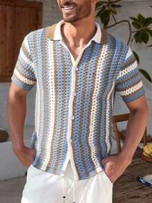 Manfinity RSRT Men's Blue And White Stripe Hollow-Out Crochet Top, Short Sleeve Single-Breasted Knitted Top,Summer Casual Holiday Vacation Resort Wear - Teal Blue - View 4