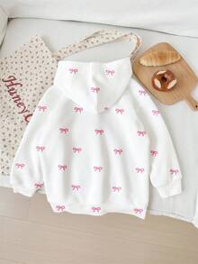 SHEIN EZwear 大码休闲简约粉色蝴蝶结印花白色女式卫衣，适合秋季、返校季、秋装穿着，可爱卫衣，女童卫衣，蝴蝶结卫衣，粉色蝴蝶结卫衣，白色粉色蝴蝶结卫衣，冬季 - 彩色 - 查看 2