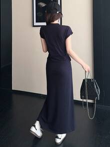 Livesso Women's Short Sleeve Cotton Round Neck Cinched Waist Midi Dress - Navy Blue - View 2