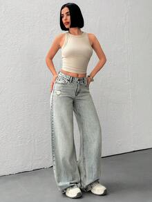 Women's Pocket Loose Wide Leg Casual Versatile Jeans - Medium Wash - View 4