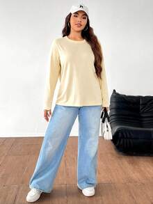 SHEIN EZwear Plus Size Solid Color Round Neck Casual Long Sleeve T-Shirt - Light Yellow - View 5