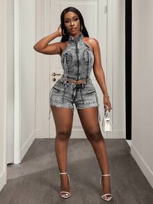 BamGleam Women's Zip-Up Collar Casual Denim Blouse, Versatile For Dates And Outings - Grey - View 5