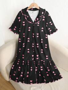 SHEIN Tween Girl Loose Casual Collared Heart Print Short Sleeve Ruffle Hem Loungewear - Multicolor - View 2