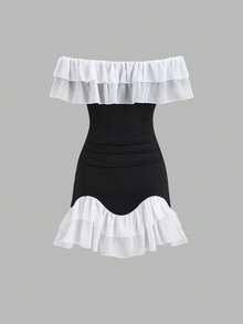 Sweetra Women's Contrast Color Ruffle Off-Shoulder Pleated Dress - Black and White - View 2