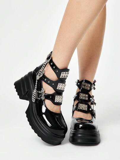 ROMWE Women's Fashion Punk Rivet Chain Decor Thick Bottom Wedge Loafers