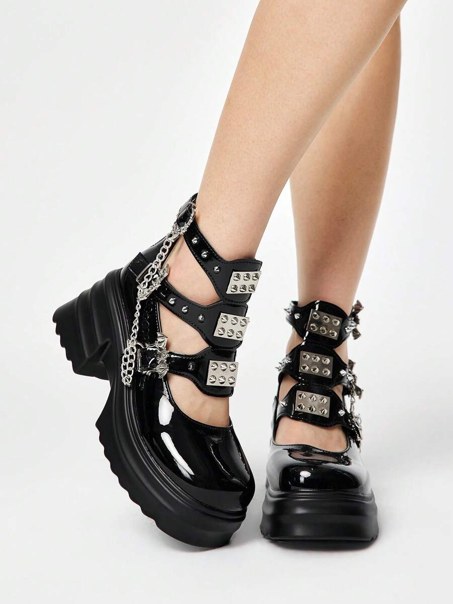 ROMWE Women's Fashion Punk Rivet Chain Decor Thick Bottom Wedge Loafers - Black - View 1