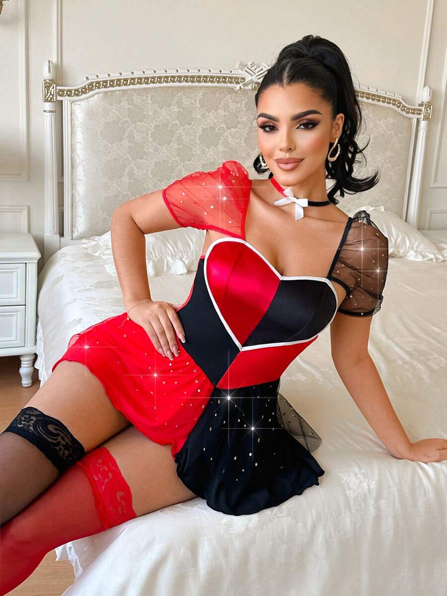 Fantasy Costume 2件套性感亮片拼接女士内衣套装，情人节 - 彩色 - 查看 1