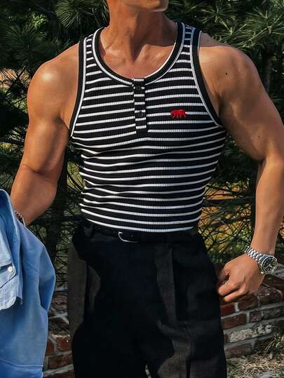 ESTAVOR Men's Casual Standard Size V-Neck Grey Embroidered Slim Fit Tank Top, Spring/Summer