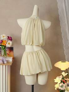 Femesol Bộ váy ngắn không tay cổ yếm ôm sát, dáng xòe bồng bềnh, thanh lịch và thời trang cho mùa xuân/hè. - Màu be - Xem 3