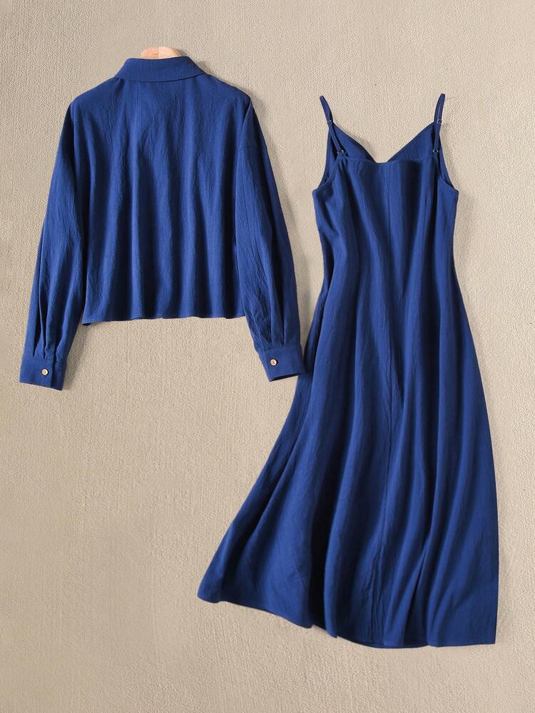 Plus Size Casual Commuter Solid Color Shirt & Slip Dress 2 Pieces Set Beach Outfit For Women