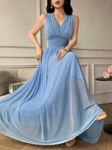 Celisse Knitted Mesh V-Neck Sleeveless Elegant Fitted Midi Dress For Women - Blue - View 6