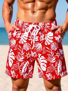Manfinity RSRT Quần short nam in họa tiết toàn thân, túi xéo, cạp chun, kiểu dáng thường ngày, thích hợp đi biển, đi nghỉ mát, quần bơi nam đồng bộ, đồ bơi nam, quần áo đi biển cho nam, quần short bơi nam, quần bơi nam kiểu Hawaii, quần short Hawaii cho nam, quần short nam màu đỏ, quần bơi nam đi nghỉ mát. - Đỏ - Xem 6