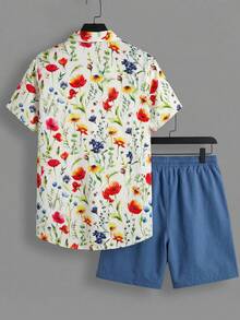 Manfinity Swimmode 印花纽扣短袖衬衫和短裤沙滩套装 - 彩色 - 查看 3