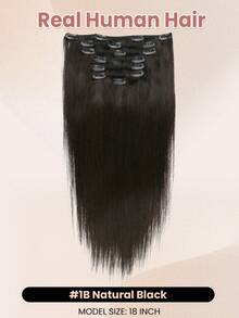 7 piezas de 120g Extensiones de cabello humano real de color negro natural con clips, extensiones de cabello humano recto Remy con clips - S1B - Ver 2