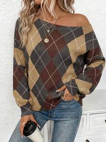 EMERY ROSE Women's Casual Off-Shoulder Sweater With Preppy Argyle Pattern - Cozy & Stylish Bohemian Knit For Spring And Autumn/Winter, Perfect For Outings, Travel, Vacation, Home Wear, Library, School, And Gifti,Sweaters For Women Spring - Multicolor - View 3