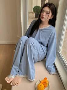 Dazy Plus Contrast Lace V-Neck Loose Striped Long Sleeve Top And Long Pants Casual Pajama Set, Suitable For Spring And Autumn - Blue - View 7