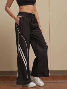 Cheerettes 女士抽绳腰带条纹口袋阔腿宽松休闲运动裤 - 黑與白 - 查看 3