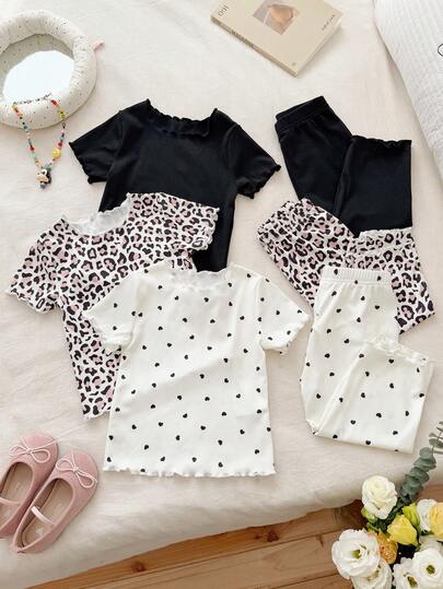 SHEIN Baby Girl Summer Multi-Color Striped Black Ear Trim Round-Neck Short-Sleeved T-Shirt And Straight-Leg Long Pants Six-Piece Set, Featuring Multiple Style Color Combinations Such As Heart Poldot, Pure Black Simple, Leopard Print And Cool, Fashionable And Sweet Cool Style, Striped Fabric, Loose Fit, Suitable For Daily Outings To Stores, Attending Fashion Events, Home Leisure, Outdoor Sports, Valentine's Day Parties