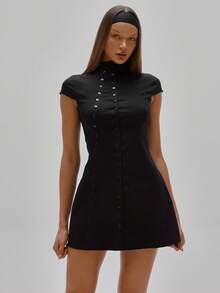 MUSERA 高领纽扣细节收腰短袖迷你连衣裙，适合派对、性感、夜间外出、优雅场合、情人节、新娘、婚礼、订婚、情人节夏季等场合。 - 黑色 - 查看 5