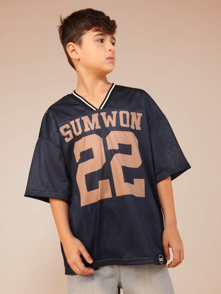 V-Neck Jersey Mesh Tee With Varsity Graphic