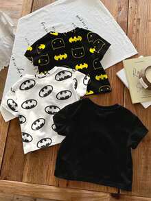 BATMAN X SHEIN 3件套男婴休闲简约上衣，经典酷炫Logo图案T恤套装，适合春夏穿着 - 彩色 - 查看 2