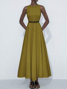 Aveloria Modichic Elegante vestido maxi de línea A con cuello redondo sin mangas, hombros asimétricos, cintura ceñida y volantes plisados exagerados para mujeres - Verde Oliva - Ver 5