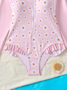 SHEIN Tween Girl Summer Vacation Beach Ditsy Floral Ruffle Sleeve One-Piece Swimsuit - Pink - View 6