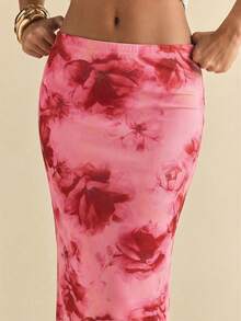 SHEIN BAE Women's Floral Pattern Mesh Midi Skirt, Summer - Rose Red - View 5
