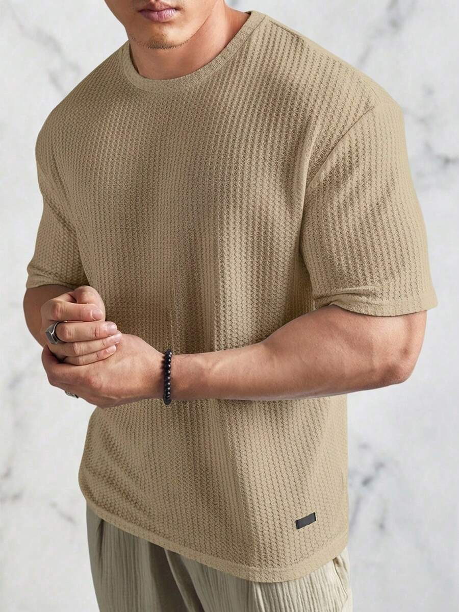HIMLAND Men Casual Solid Waffle Knit Tee For Summer - Khaki - View 1