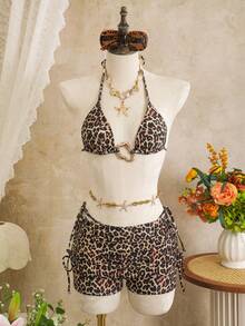 Zestiva 2026 New Spaghetti Strap Black & Brown Leopard Print Side High Cut Drawstring Thong Bikini Bottom Low Waist Side Drawstring Skort 3-Piece Sexy Swimwear Set For Women Animal Print Swim Wear Cheetah Print Two Pieces Bikini Skirt Set Cheetah Print Bathing Suit Women Leopard Set - Multicolor - View 6