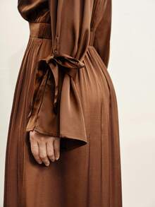 Aalyst Women's Chocolate Brown Satin Ruched Waist Flare Hem Long Sleeve Dress,Elegant Retro Chic Design For Autumn Tea Party,Christmas,Work,Vacation,Spring - Brown - View 3