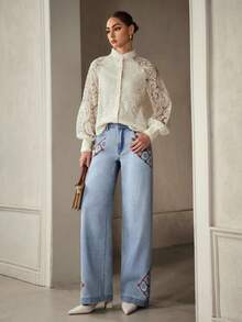 Selenza 女士花卉刺绣口袋阔腿宽松休闲百搭牛仔裤 - 藍色 - 查看 7