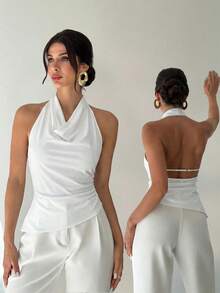 Firerie Áo sơ mi công sở nữ thanh lịch mới, cổ áo bất đối xứng, không tay, kiểu yếm, hở lưng, có nút điều chỉnh, ôm dáng, màu đen, thích hợp cho nữ đi làm, trang phục mùa xuân/hè, công sở, thanh lịch, gợi cảm. - trắng - Xem 1