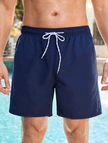 Manfinity Swimmode 男士夏季度假风抽绳腰斜口袋沙滩短裤宝蓝色泳裤男士蓝色泳裤男士沙滩装纯色泳裤 - 藏蓝色 - 查看 3