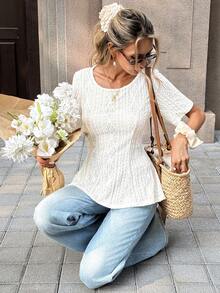 SHEIN PariChic Women's Hollow Geometric Textured Twist Back Round Neck Short Sleeve T-Shirt - Apricot - View 4