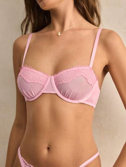 Charlaine Sujetador con aros de encaje rosa y parches de malla, estilo romántico francés, lencería elegante y sofisticada para mujer para el Día de San Valentín