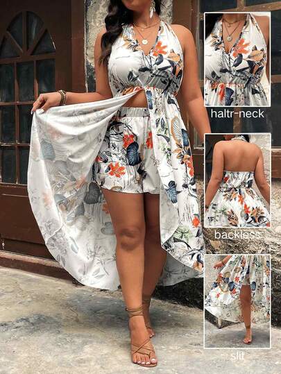 SHEIN Clasi Plus Size Women Tropical Plant Print Halter Asymmetrical Top + Shorts 2pcs Set