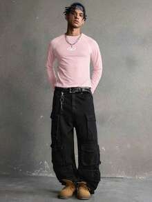 AXEPEAK Men's Geometric Print Crew Neck Raglan Long Sleeve Casual T-Shirt - Pink - View 4