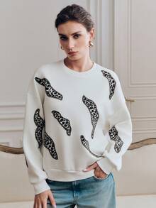 Anewsta Women's Modern Street Style Energetic Leopard Print Beaded Crew Neck Pullover Sweatshirt, Spring - Apricot - View 11