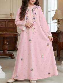 粉色碎花儿童长袍，优雅复古碎花刺绣少女休闲端庄传统长袖阿拉伯连衣裙，适合春夏穿着，优雅端庄长袖连衣裙，祈祷长袍，舒适休闲，休闲装，度假风，端庄长袍，儿童长袍，少女长袍 - 白色 - 查看 5