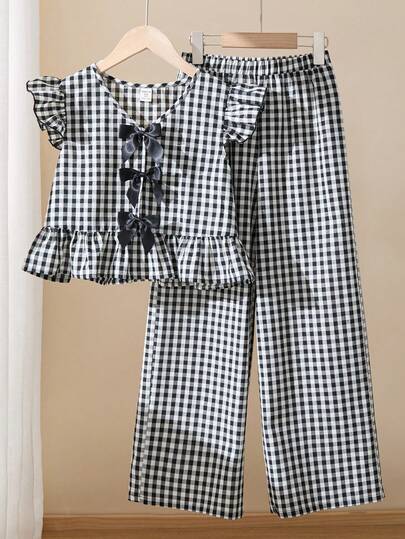 SHEIN Tween Girl Spring/Summer Casual Vacation Outgoing Woven Black & White Plaid Contrast Color Bow Ruffle Trim V-Neck Cardigan Top & Straight Leg Pants 2 Piece Set